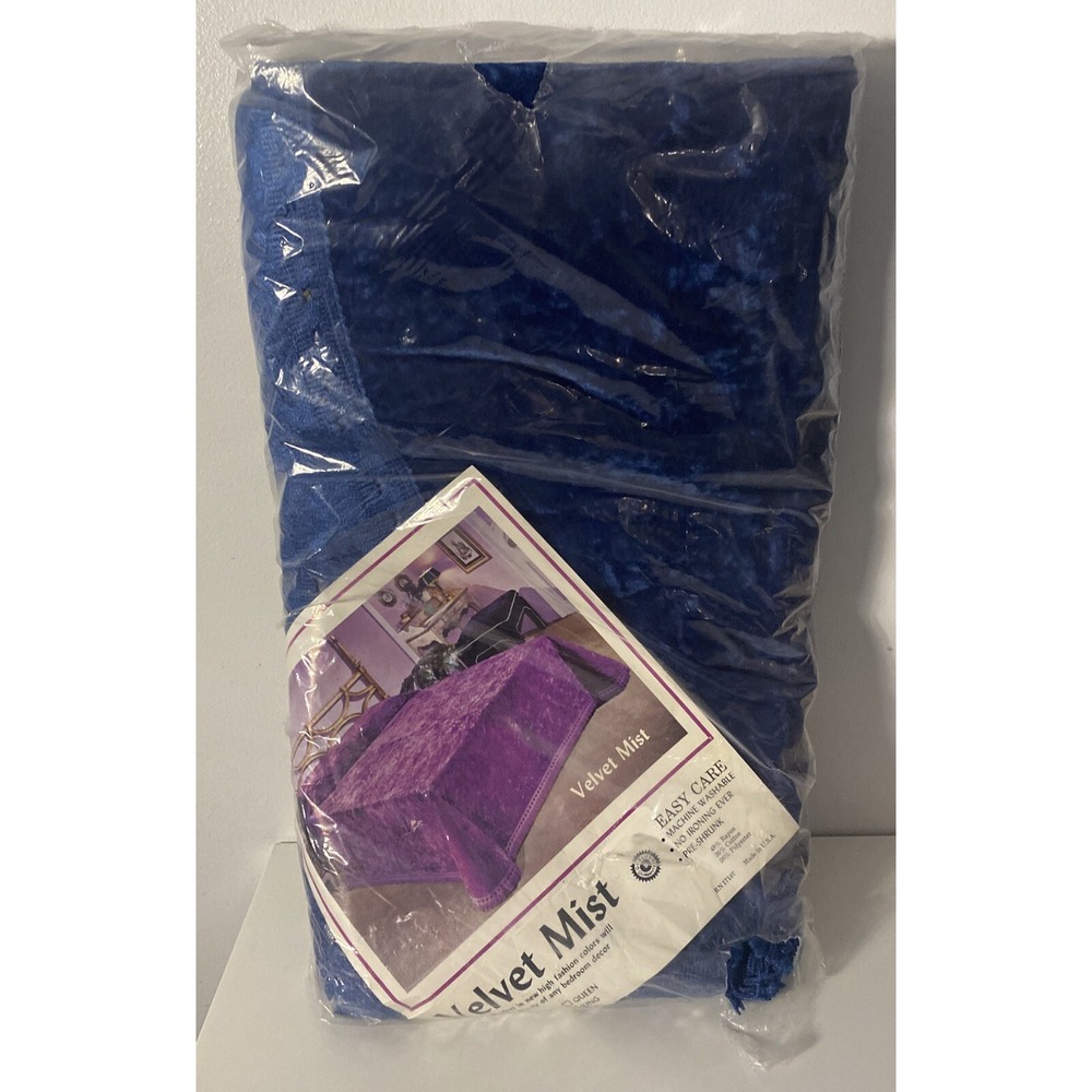 Vintage 1970s BLUE CRUSHED VELVET BEDSPREAD w FRINGE - Full USA-New old stock